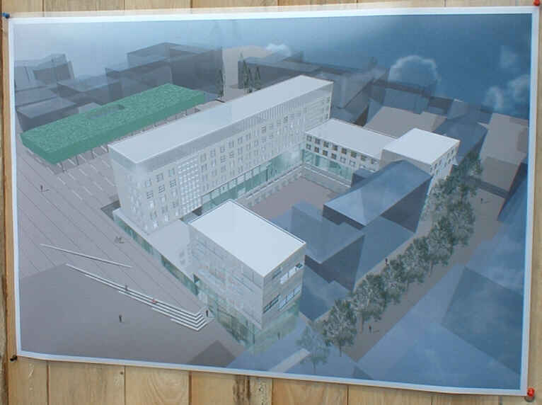 Foto: Rathaus und Rathausumfeld, wie es einmal aussehen könnte, in einer 3D-Darstellung auf einem Plakat