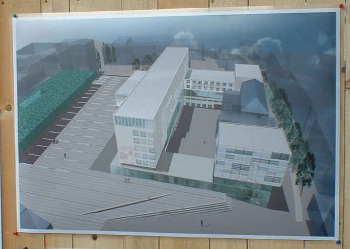 Foto: Rathaus und Rathausumfeld, wie es einmal aussehen könnte, in einer 3D-Darstellung auf einem Plakat